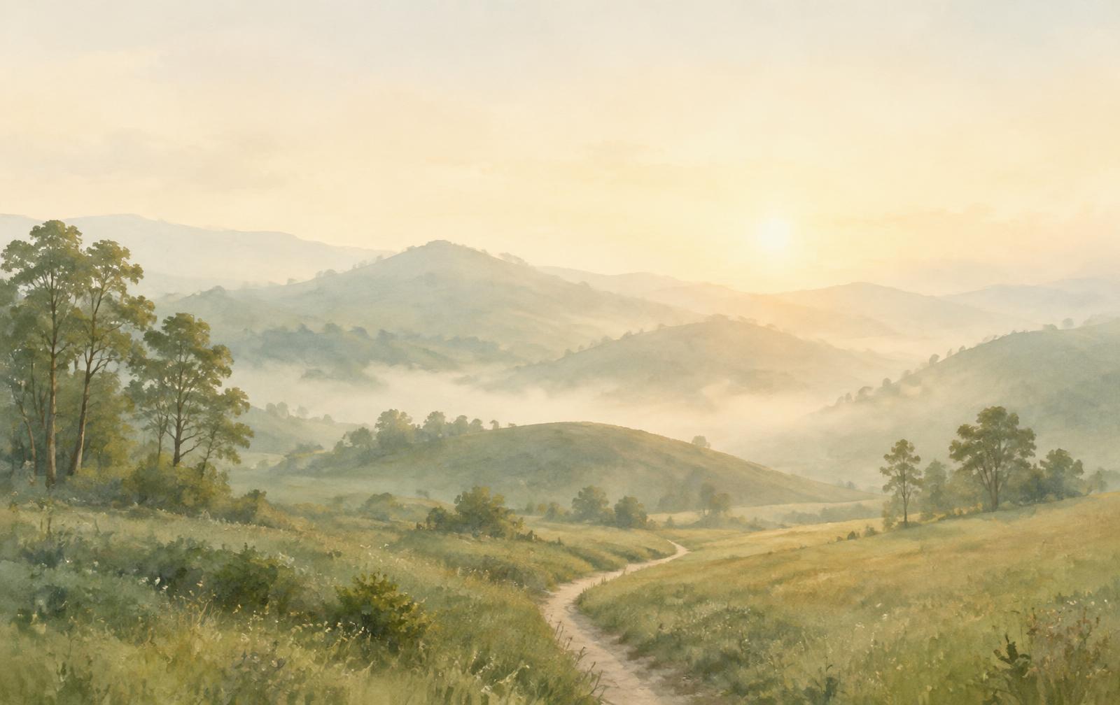 Misty green hills at sunrise with a path winding through a meadow